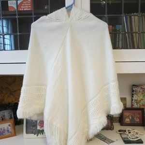 Hooded Knit Poncho with Fringe, Size S
